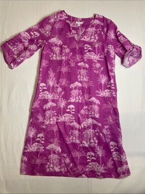 J. Jill LOVE LINEN Fuchsia Tropical Print Mini shift pockets luxury 💯 Linen XS